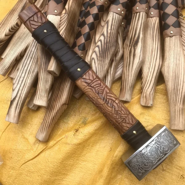 Custom Handmade Viking War Hammer - Thor's Mjölnir Style | Engraved 5160 Steel & Ash Wood Handle - Image 5