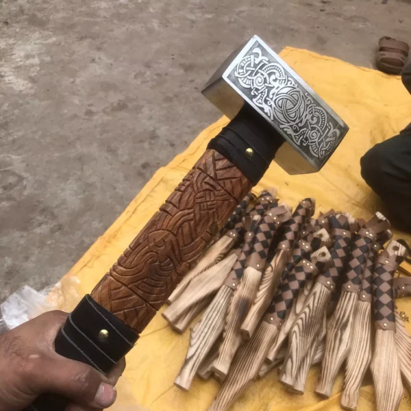 Custom Handmade Viking War Hammer - Thor's Mjölnir Style | Engraved 5160 Steel & Ash Wood Handle - Image 4
